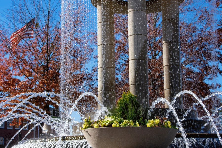 downtown cary park fountain on a sunny day in Downtown Cary, NC 